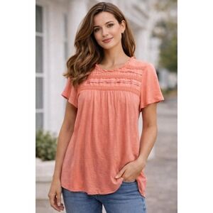 Ella Moss Women's Coral Pink Boho Short Sleeve Crochet Detail‎ Top Size XL